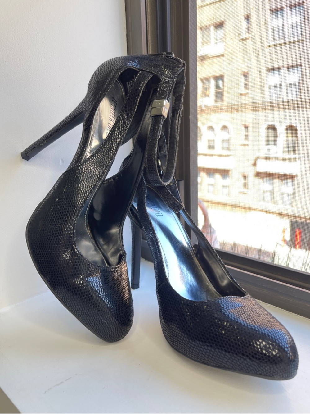 JLO Jennifer Lopez Black Textured High Heel Pumps with Ankle Strap